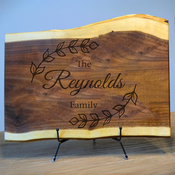 Circling Leaves Personalized Live Edge Walnut Cutting Board