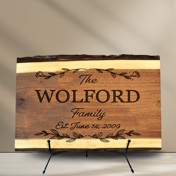 Swirling Flower Premium Rustic Full-Top Bark Live Edge Walnut Cutting Board Display