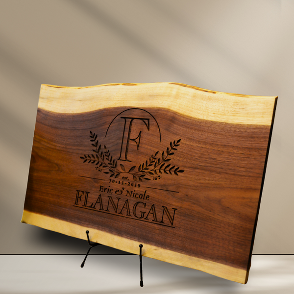 Personalized Custom Engraved Rustic Wedding Live Edge Walnut Cutting Board