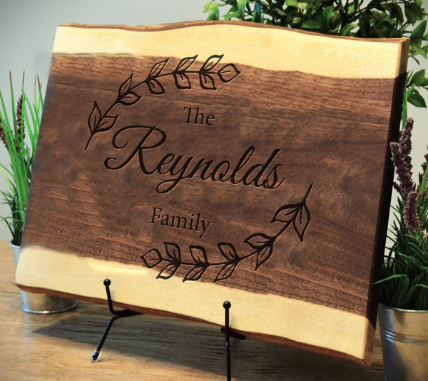 Circling Leaves Personalized Live Edge Walnut Cutting Board