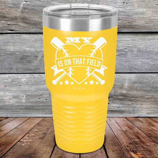 My Heart is on that field (Baseball Mom Dad) - Powder Coated Etched Tumbler